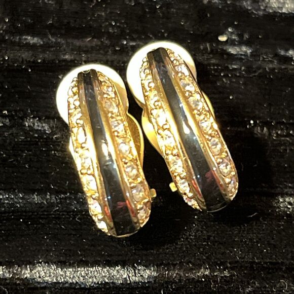 80s Vintage Swarovski Crystal Gold Plated Black Enamel Clip On Earrings - Picture 1 of 4
